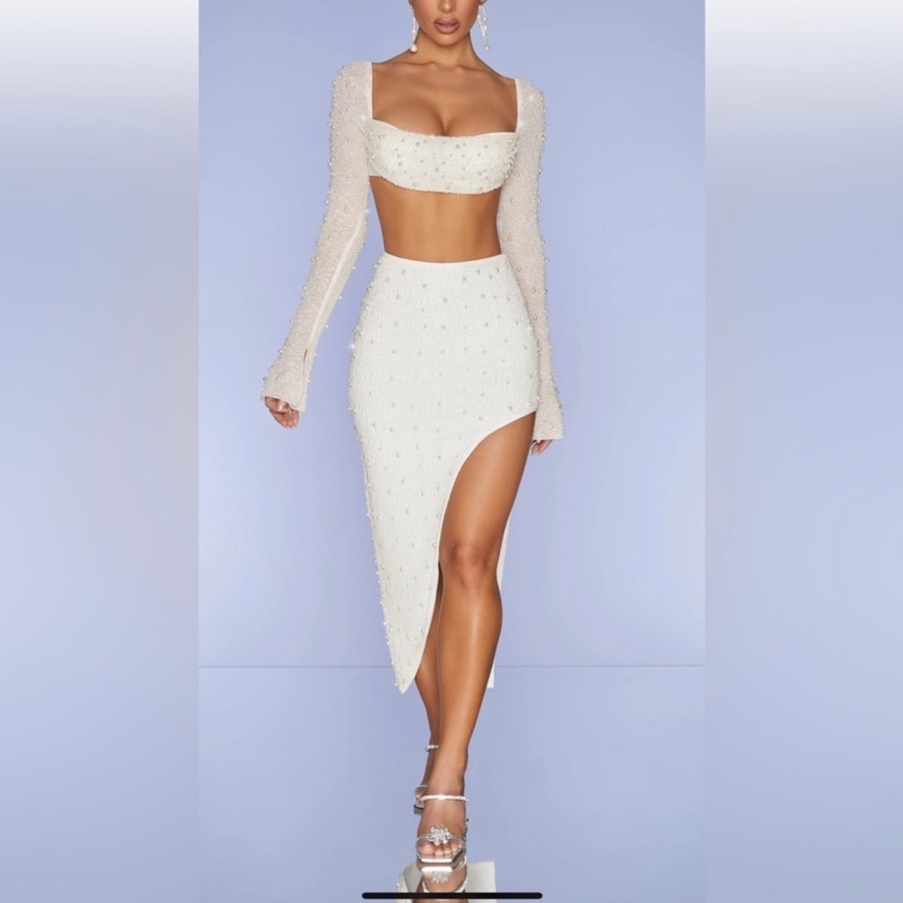 Oh Polly BORDEAUX Embellished Maxi Skirt + LA DÉSIRADE Cowl Top in Ivory